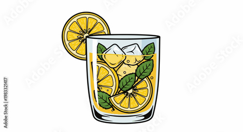 Refreshing beverage with lemon slices, mint leaves, and ice cubes