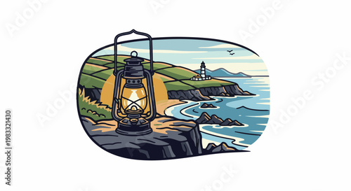 Lit lantern on rocky shore overlooking a bay with a lighthouse in distance