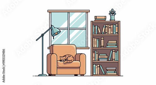 Cozy interior scene featuring a sleeping cat on an armchair next to a bookshelf and window