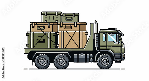 Olive green truck loaded with various sized cargo boxes