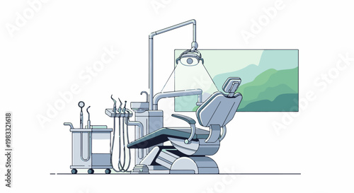 Dental examination chair with tools, light, and a landscape artwork on wall