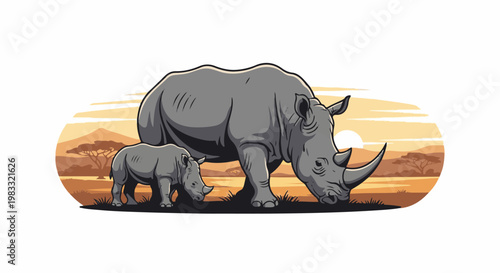 Mother and baby rhinos grazing in a savanna landscape at sunset