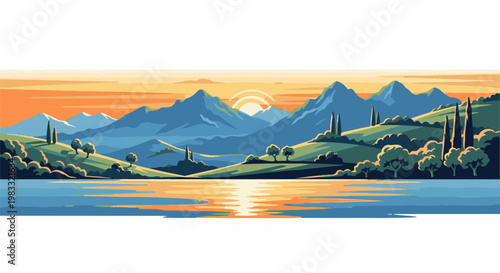 Pixelated mountain landscape with a lake and a sunset