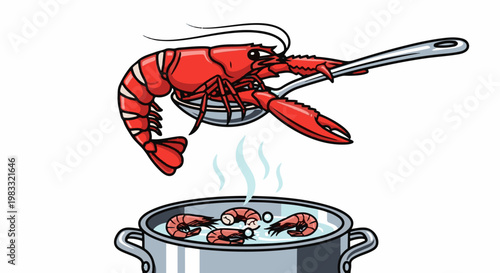 Cartoon lobster on spoon above boiling pot of shrimp