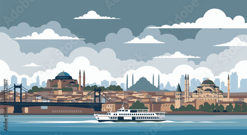 Pixel art cityscape with a bridge, domes, minarets, and a ferry
