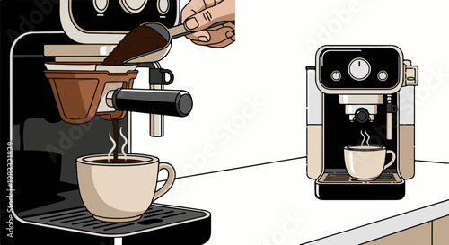 Coffee machine preparing a drink, with a second machine in background