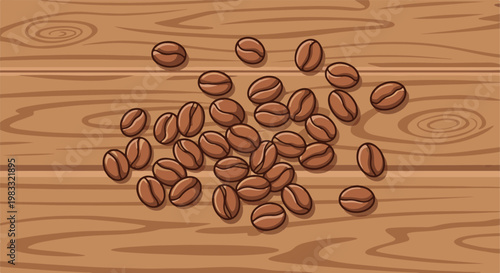 Pile of brown coffee beans scattered on a wooden tabletop
