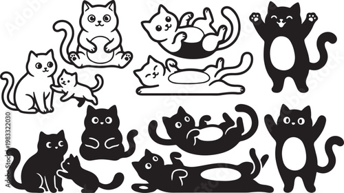 Collection of cute cat illustrations and silhouettes with adorable whimsical character illustration silhouette isolated collection stretching standing whiskers