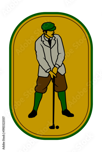 Vintage-style illustration of a classic golfer in traditional attire, featuring a flat cap, blazer, and knickerbockers, set within an oval emblem.