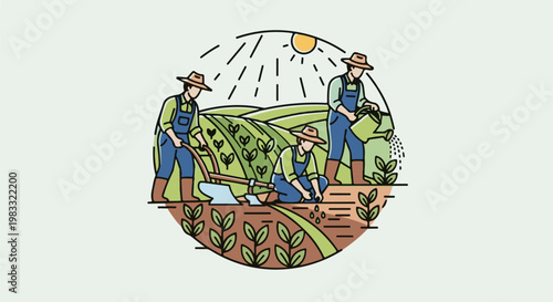 Farmers tending to crops under sunny, rainy skies