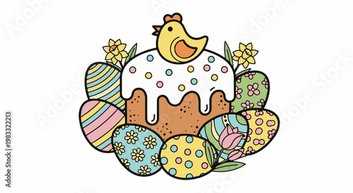 Colorful Easter cake with decorative eggs, flowers, and a chick