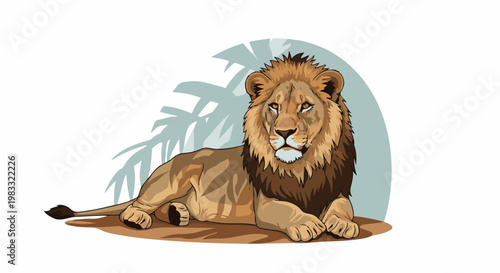 Majestic lion reclines on sandy ground with palm fronds behind