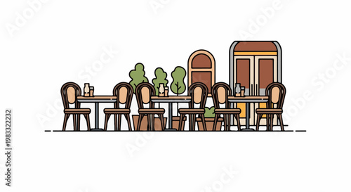 Outdoor seating area with tables, chairs, plants, and a building entrance