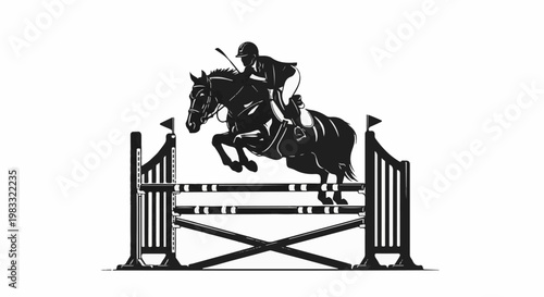 Equestrian silhouette of a rider and horse leaping over a jump