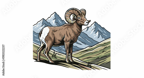 Majestic ram stands proudly amidst rugged, snow-capped mountains and rolling hills