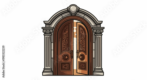 Ornate double doors with carved panels set within a stone archway
