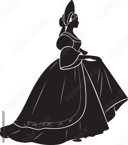 Elegant silhouette of a woman in elaborate 19th-century Russian fashion, featuring a tall headdress and a voluminous gown with decorative trim.