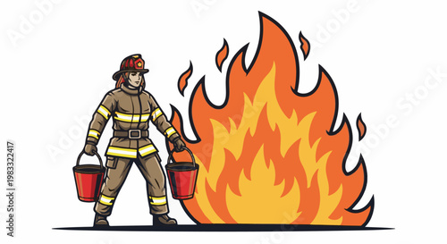 Firefighter in protective gear holds buckets near large flames