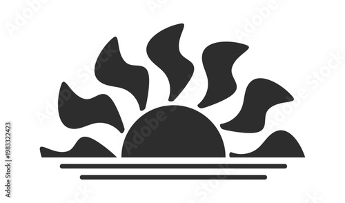 Sunrise Over Horizon With Abstract Rays Silhouette