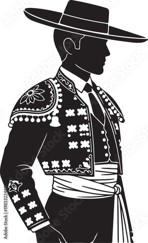 Silhouette of a man in traditional Spanish bullfighter's costume, featuring an ornate jacket, vest, tie, sash, and wide-brimmed hat.