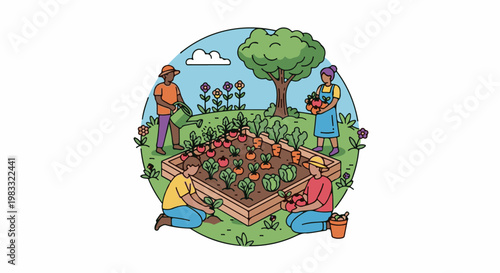 Diverse people working together tending a bountiful garden, growing vegetables
