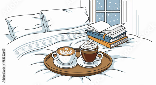 Cozy winter morning with coffee, books, and snowy window view