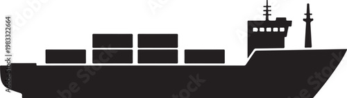 Cargo ship, freight vessel, container ship, black silhouette, transportation icon