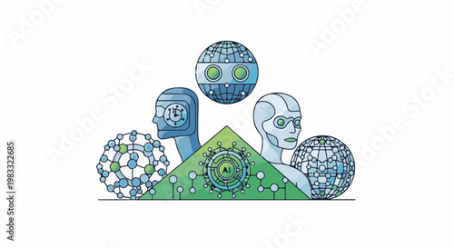 Abstract representation of artificial intelligence with robotic heads, globes, and geometric shapes