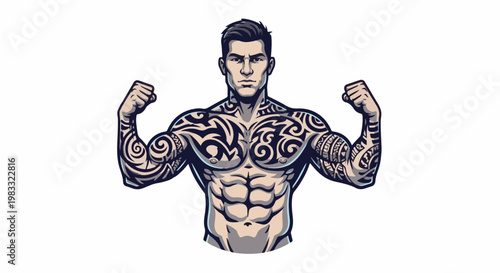 Muscular man with intricate tribal tattoos flexing biceps and showing abs
