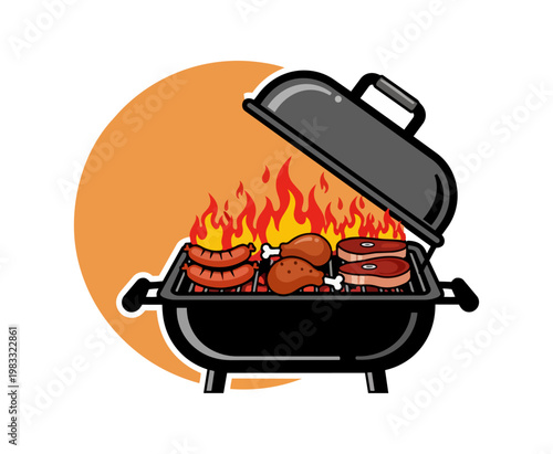Barbecue grill with flames and cooked food illustration