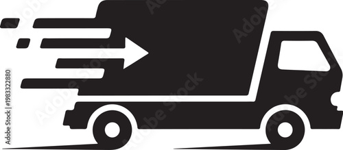 Black delivery truck icon, speeding truck silhouette, cargo vehicle graphic, transportation symbol