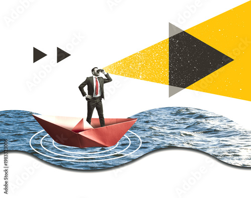 A businessman on a paper boat looks through binoculars. Art collage.