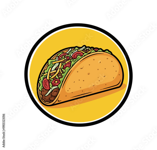 Cartoon taco illustration appetizing mexican food isolated on black background