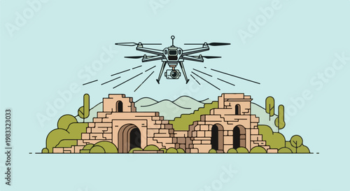 Drone surveils ancient ruins and landscape, capturing historical exploration