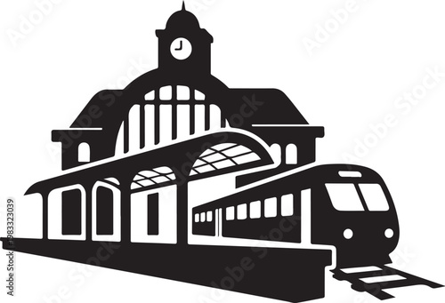 Train Station, Railway Building, Clock Tower, Black Vector Icon