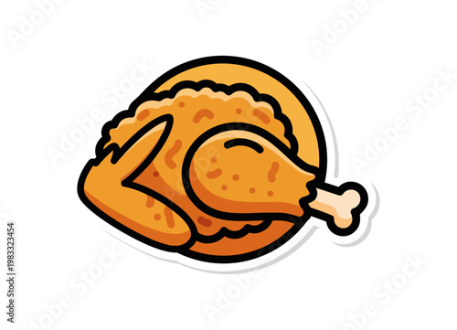 Roasted chicken illustration on plate isolated black background