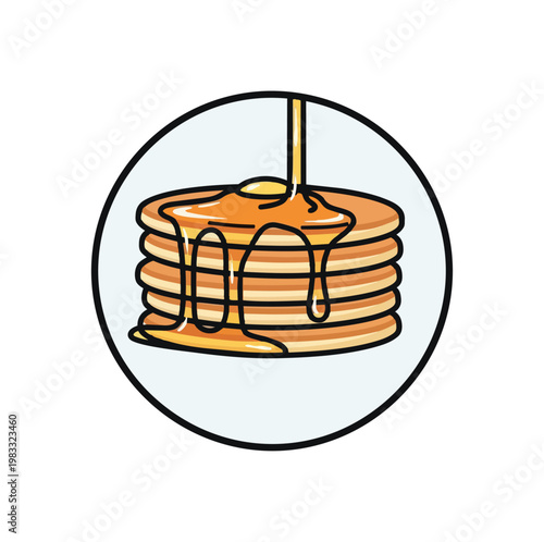 Stack of pancakes with syrup drizzling in circular design
