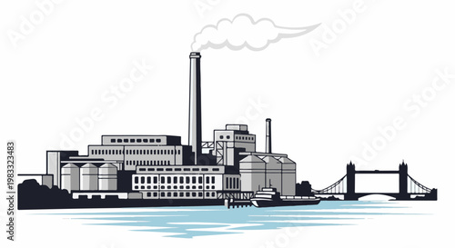 Industrial complex with smokestack, silos, and bridge on waterfront