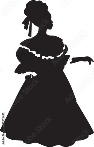 Silhouette of a woman in an elegant 1800s Caribbean fashion dress, featuring a classic updo and flowing skirt, in profile.