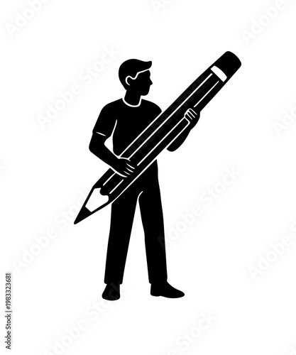 Man holding huge pencil representing creative writing