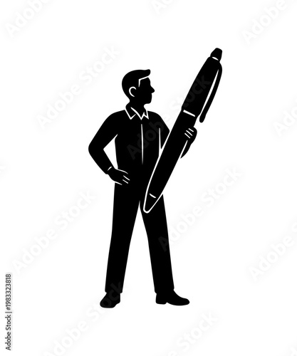 Man silhouette holding large pen expressing creative writing ideas