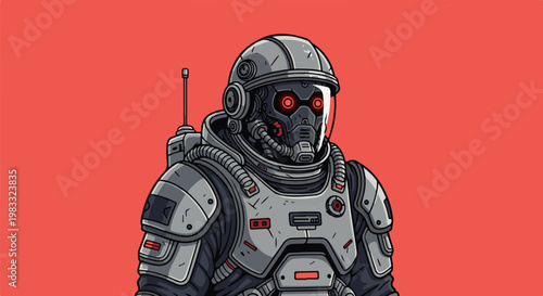 Futuristic astronaut with glowing red eyes and intricate mechanical suit