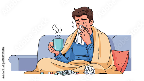 Sick man sitting on a blue sofa wrapped in a warm blanket while blowing his nose with a tissue near a cup of tea and some medicine.
