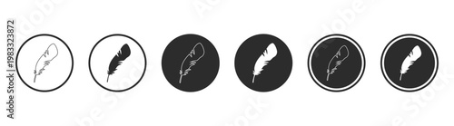 Feather quill icon set, bird plume and writing pen symbols, vintage nature decorative elements, silhouette shapes on transparent background