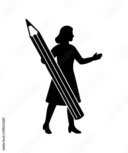 Woman holding an oversized pencil symbolizing creativity, education, and artistic expression