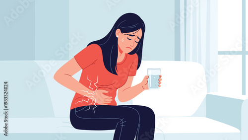 Young woman sitting on a white sofa and clutching her stomach in pain due to indigestion or painful menstrual cramps.