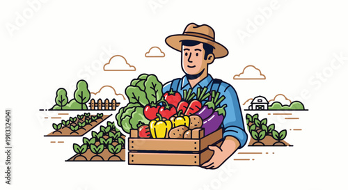 Cheerful farmer in straw hat holds basket full of fresh garden vegetables