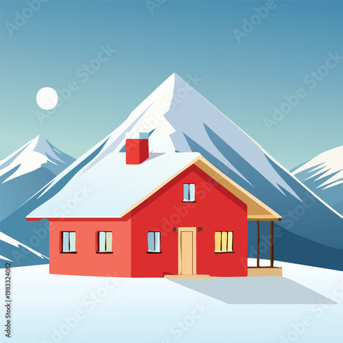 Red house with snow covered roof and mountain backdrop illustration