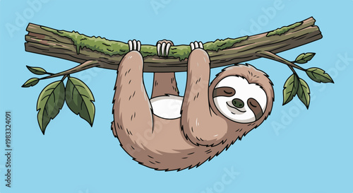 Cute cartoon sloth hanging from a mossy tree branch against a sky background