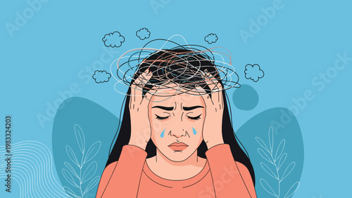 Stressed woman holding her head with tangled lines and clouds illustrating anxiety, confusion, and mental health issues.